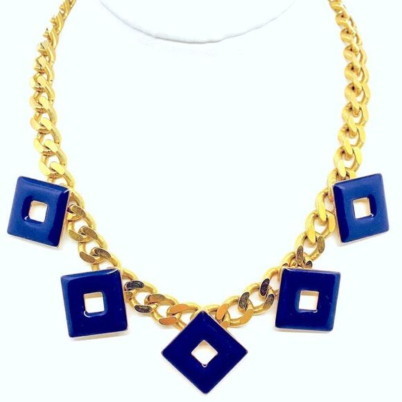 Vintage Art Deco Enamel Geometric Curb Chain Necklace 80s - Picture 2 of 11